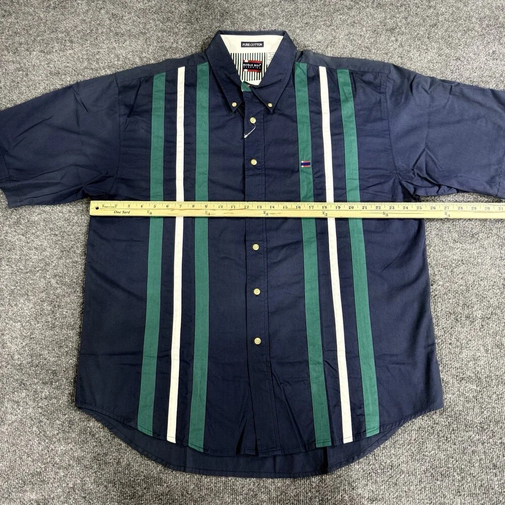 Vintage Bugle Boy Classics Mens Button Down Shirt XXL Navy Green Striped 90s